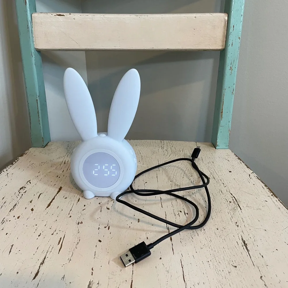 Anmones Bunny Alarm Clock Blue Silicone Digital LED Night Light USB Cute Charger